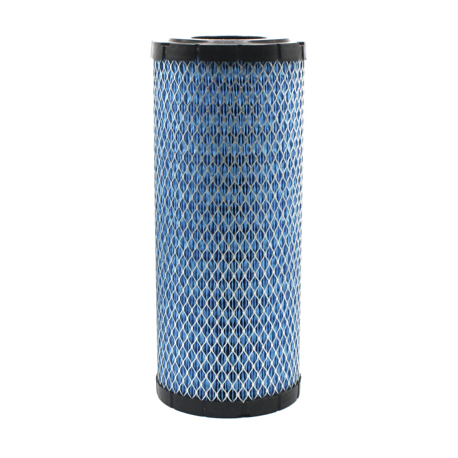 Cylindrical blue air filter with black plastic end caps and outer white mesh covering.