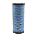 Cylindrical blue air filter with black plastic end caps and outer white mesh covering.