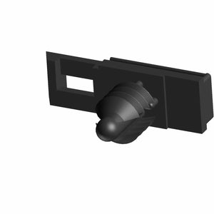 3D rendering of a dark connector latch with rectangular base, cut-out section, and ridged knob—ideal as an OEM Indian Polaris part: Connector Clip 6.35 mm Hole by Polaris.