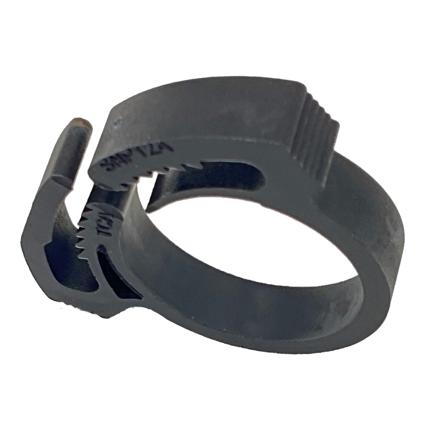 Black plastic boot clamp with a circular band and a ridged tightening mechanism.