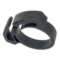 Black plastic boot clamp with a circular band and a ridged tightening mechanism.