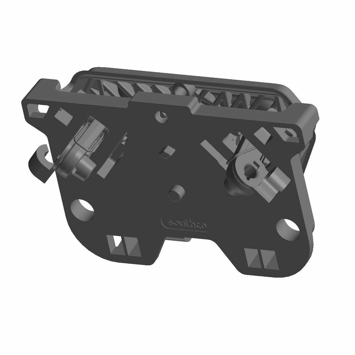 Black plastic Polaris door handle mechanism with mounting points and integrated latch components.