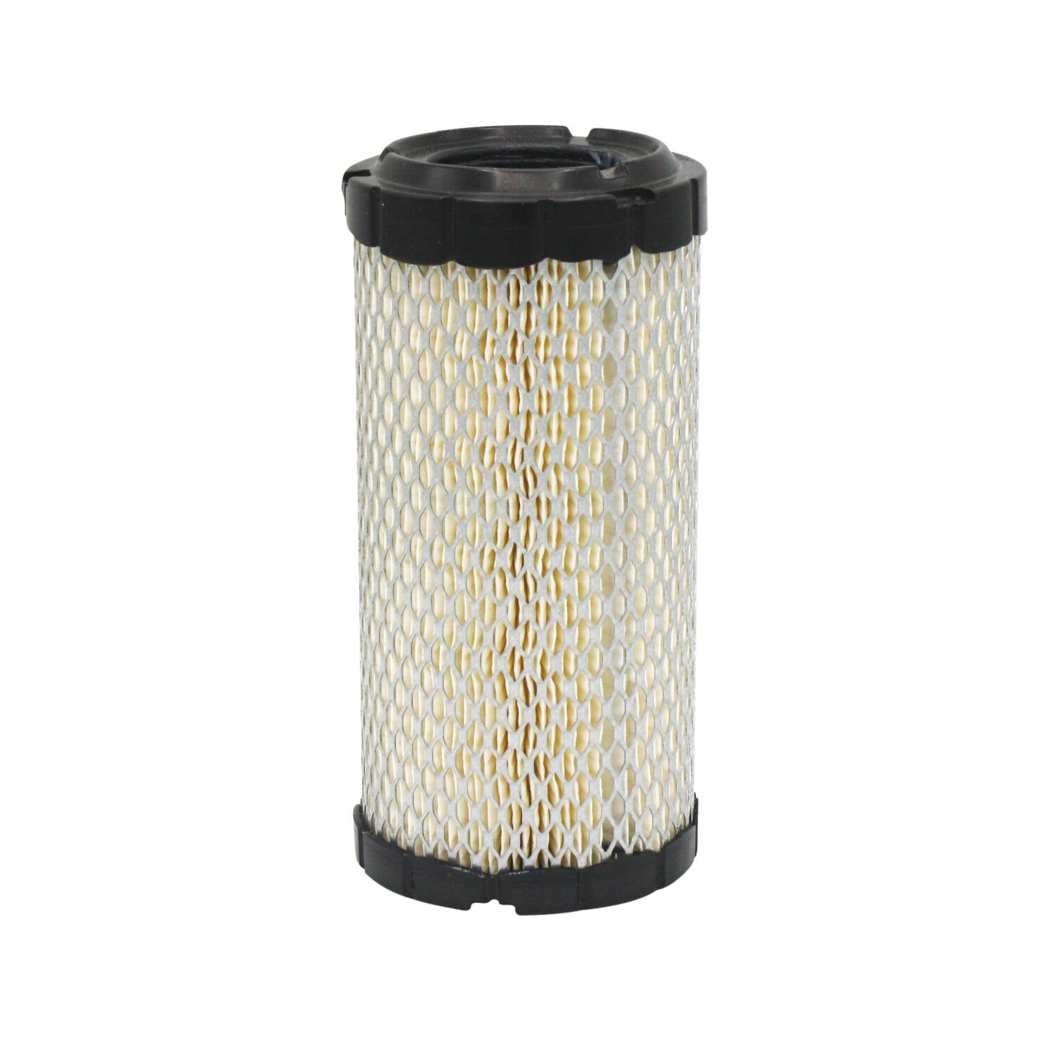 Cylindrical off-road air filter with white mesh and black plastic end caps.