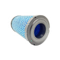 Cylindrical air filter with blue mesh exterior and black rubber sealing ring.