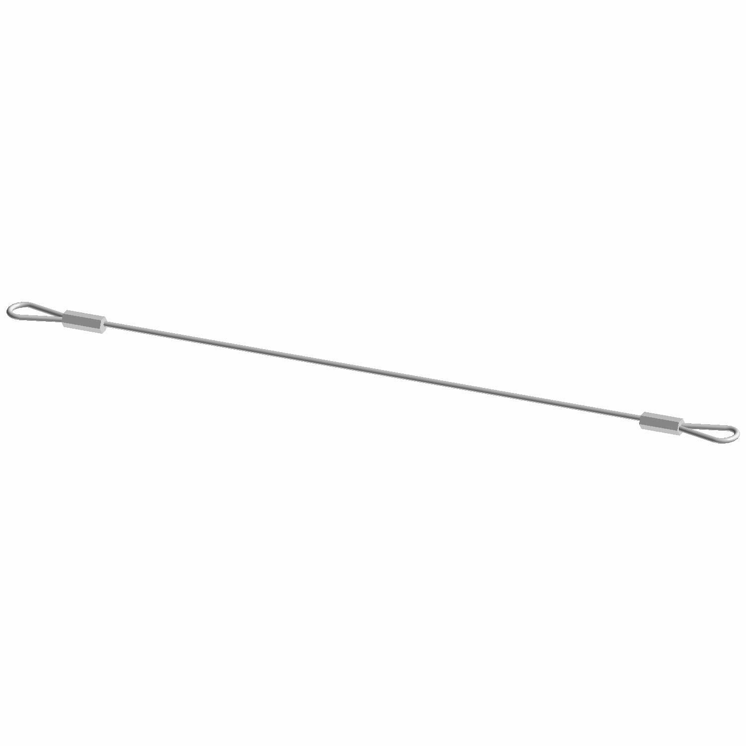 Thin silver metal cable with looped ends reinforced by cylindrical metal sleeves.