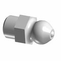 Silver metal lubrication fitting with hexagonal base and rounded nozzle tip.