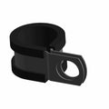 Black plastic P-clip with circular band and tab featuring a hole for secure mounting.
