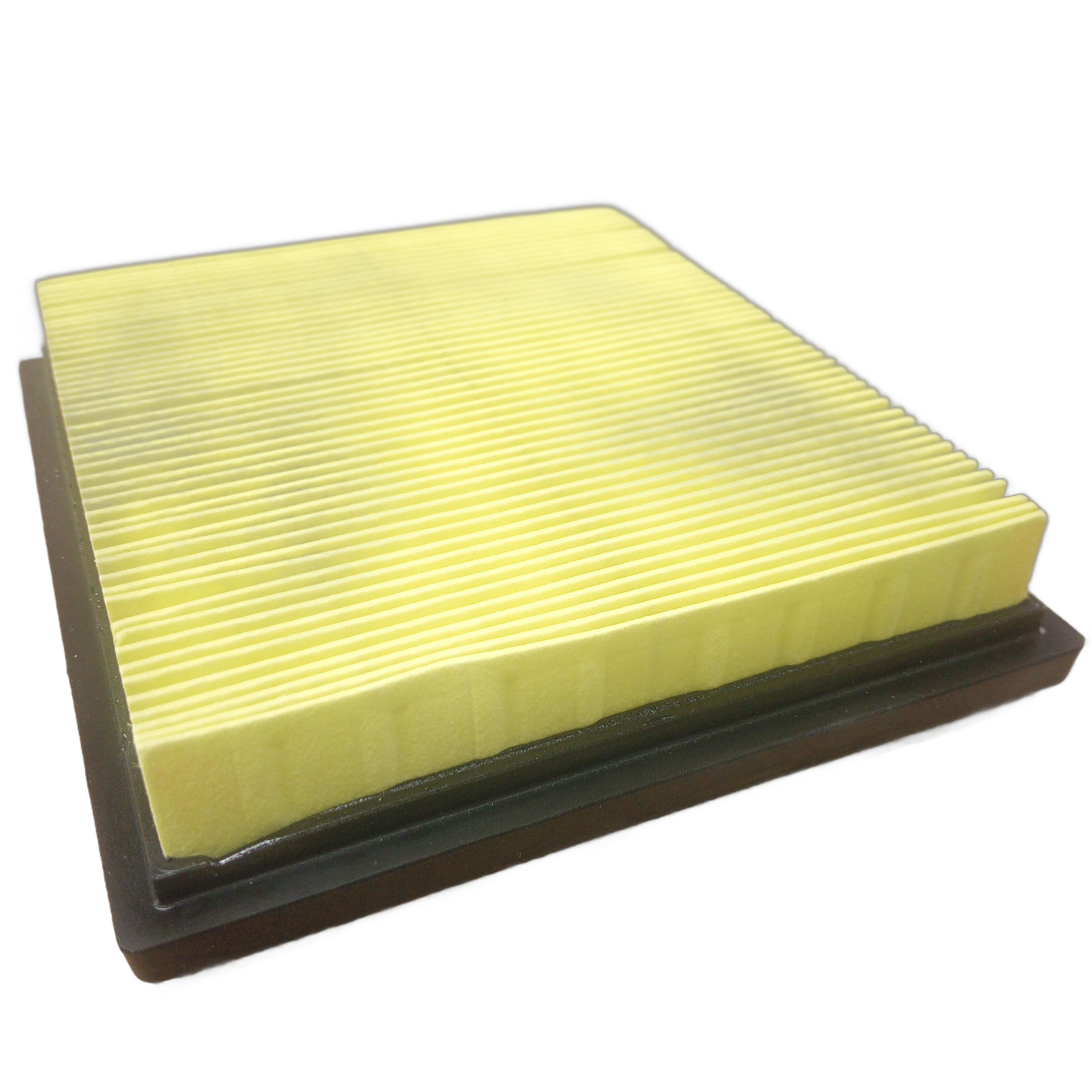 The Air Filter by Polaris is a rectangular yellow pleated filter with a black frame, resembling OEM Indian Polaris parts. It’s shown angled on a white background, highlighting its ribbed design—perfect for your Indian motorcycle.
