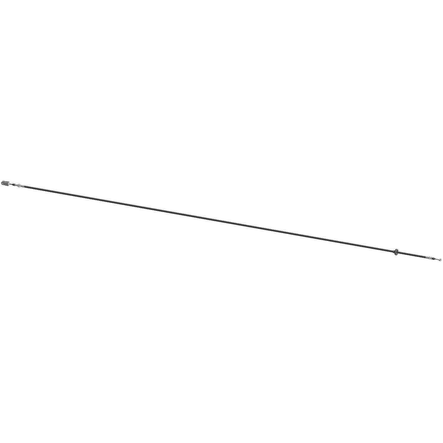 Long black metal parking brake cable with thin wire ends and connectors for Polaris Ranger models.