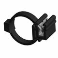 Black plastic routing clip with circular band and rectangular locking mechanism.