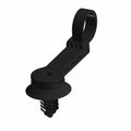 Black plastic offset clip with fir tree mounting and circular hole attachment loop.