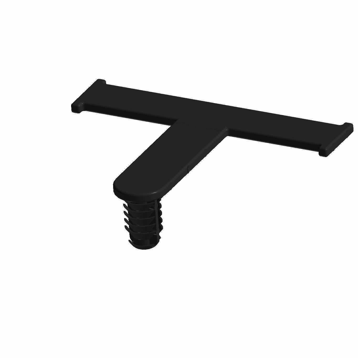 Black T-shaped plastic clip with ribbed cylindrical stem for secure attachment.