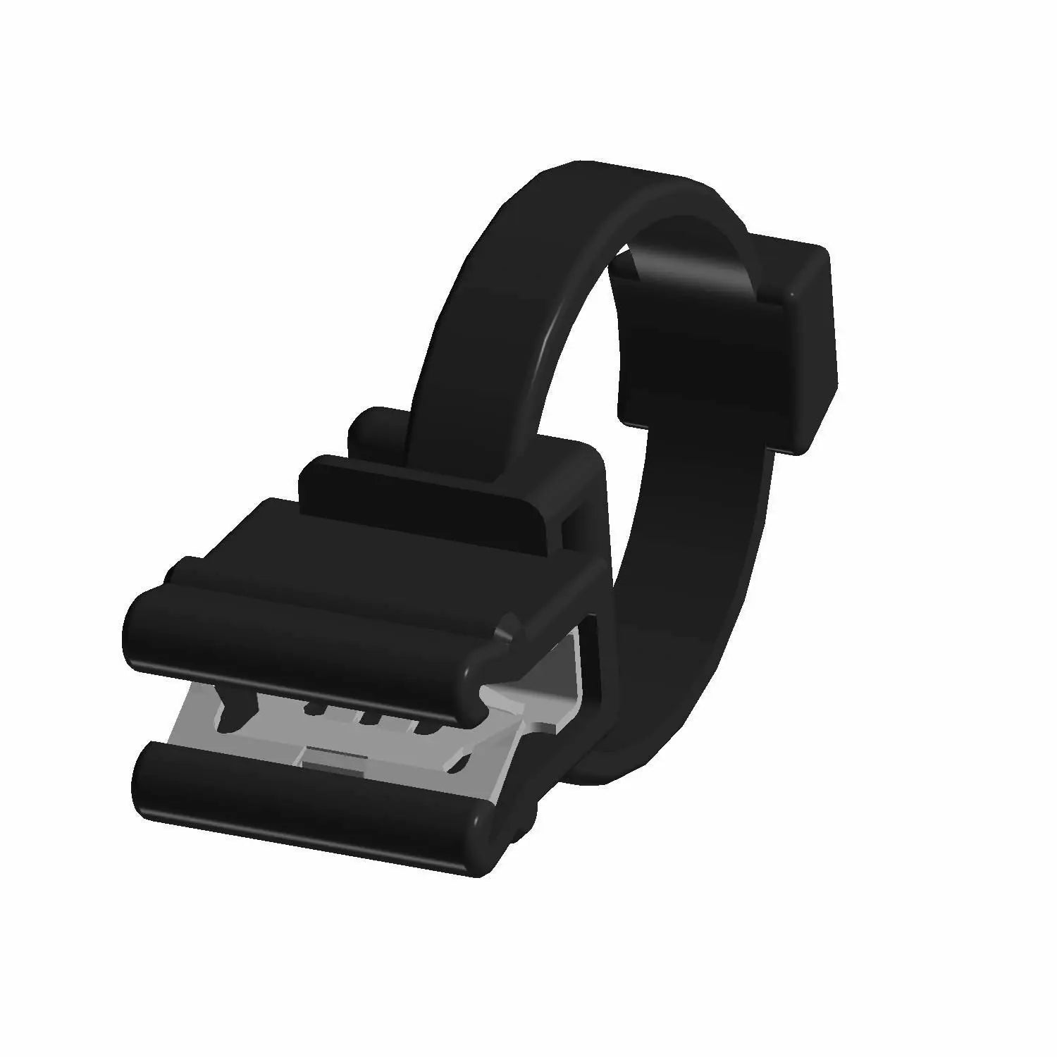 A 3D-rendered image of the Polaris Edge Clip 1-3mm Thickness, a black plastic cable clamp with a built-in metal connector—ideal for Indian motorcycle wiring and compatible with OEM Indian Polaris parts.