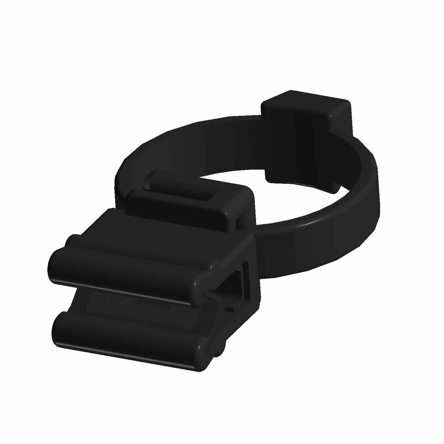Black plastic 16mm edge clip with mounting bracket and snap closure design.