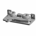 Gray plastic rotary two-stage left latch with mounting holes and raised circular grips.