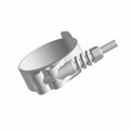 Silver stainless steel T-bolt hose clamp with adjustable nut and spring mechanism, 56mm diameter.