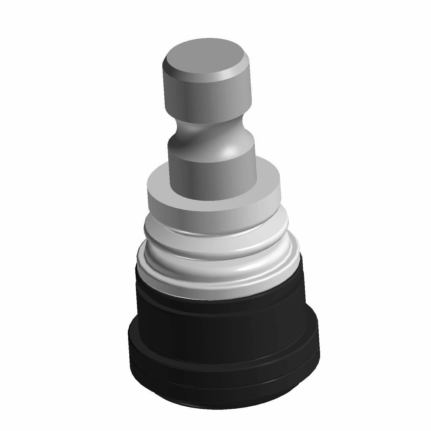Silver metal 10mm stud ball joint with black rubber dust boot and ribbed collar.