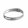 Silver metal slotted hose clamp with adjustable buckle for 60-80mm diameter hoses.