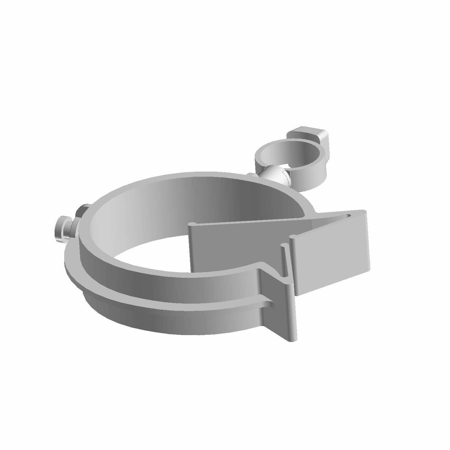 Grey plastic cable clip clamp with adjustable tightening bolt and omega-shaped design.