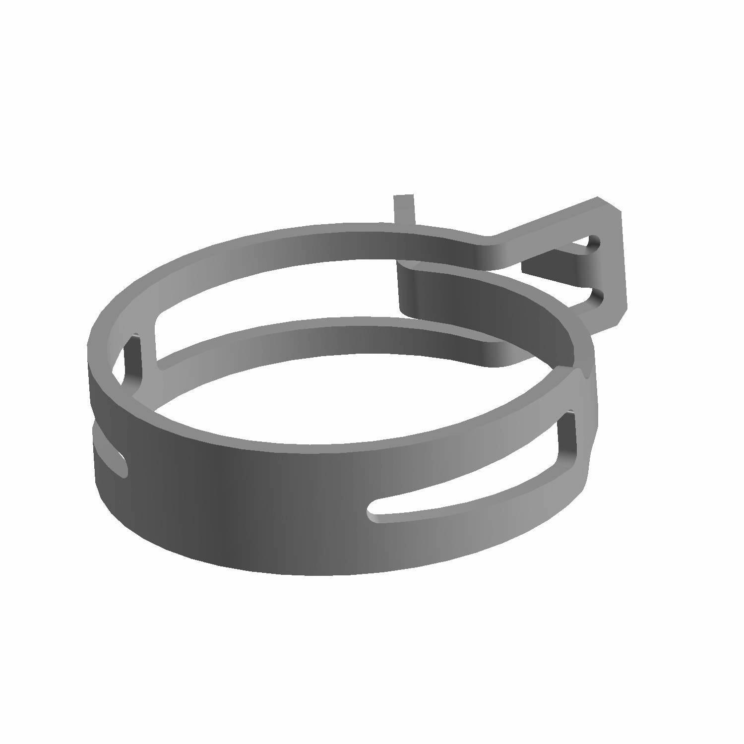 Gray metal circular clamp with side tab and ventilation slots.
