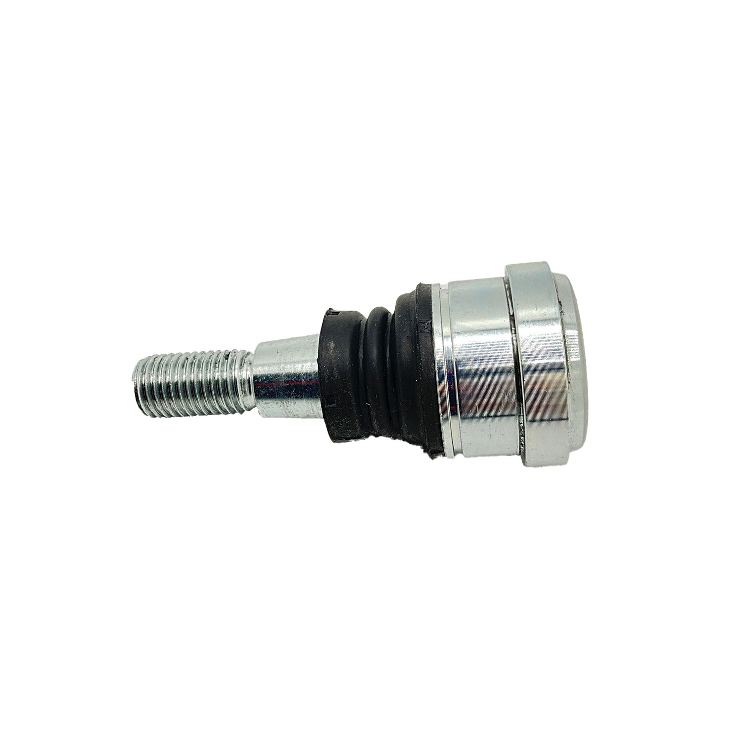 Chrome and black metal ball joint stud with threaded end and rubber bushing.