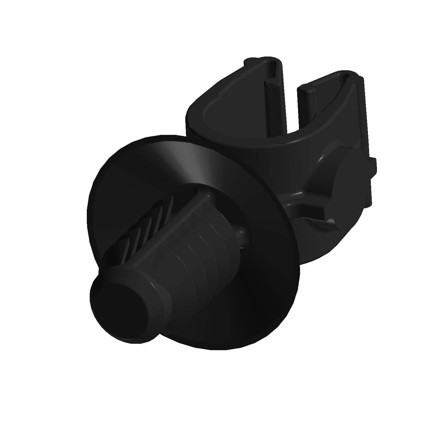 Black plastic fir tree clip with ribbed stem and circular base for secure fastening.