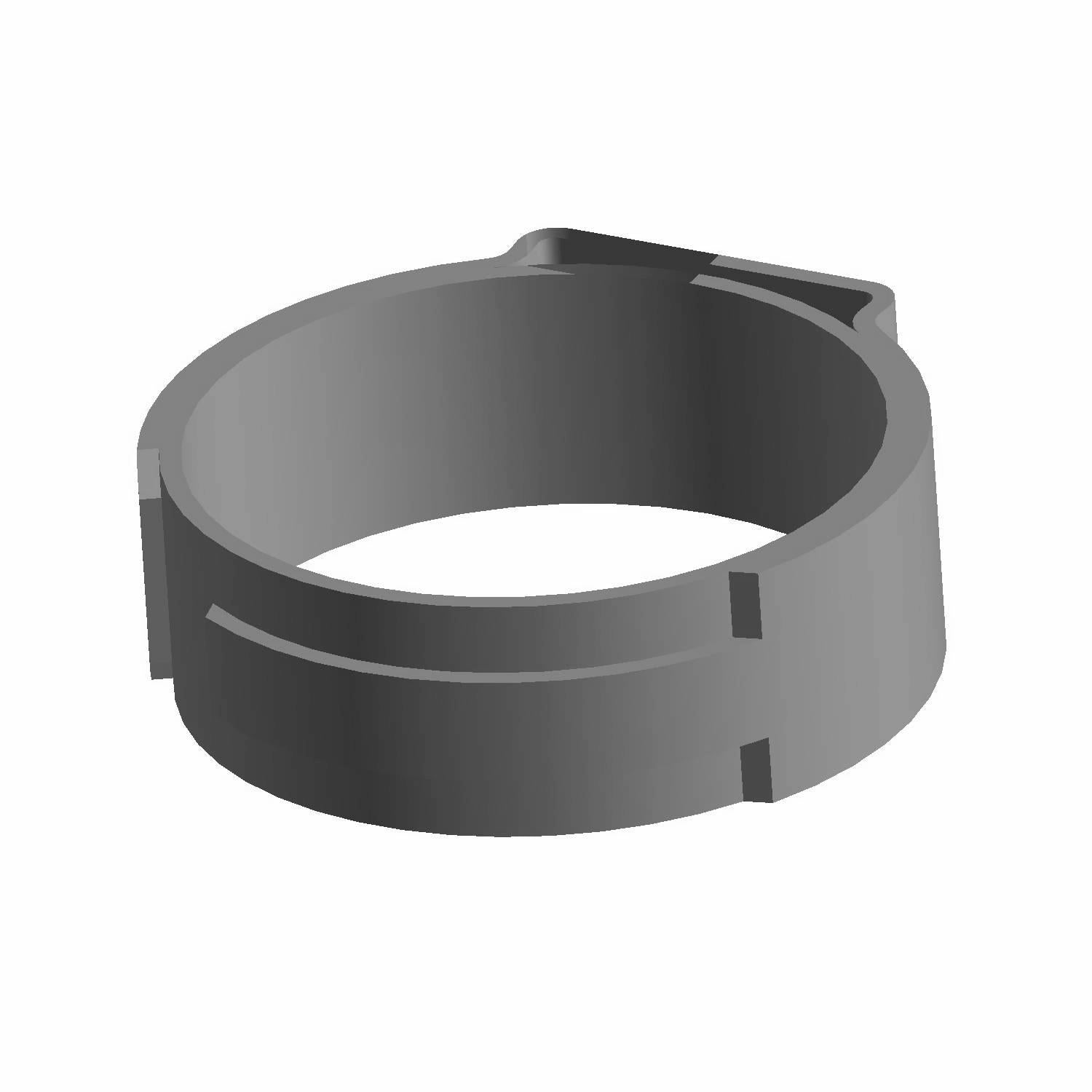 Gray metal Oetiker clamp with a smooth band and locking mechanism ring.
