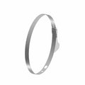 Silver stainless steel toolless hose clamp with slotted band and quick-release latch mechanism.