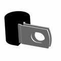 Black rubber P clip with attached gray metal bracket featuring an oval mounting hole.