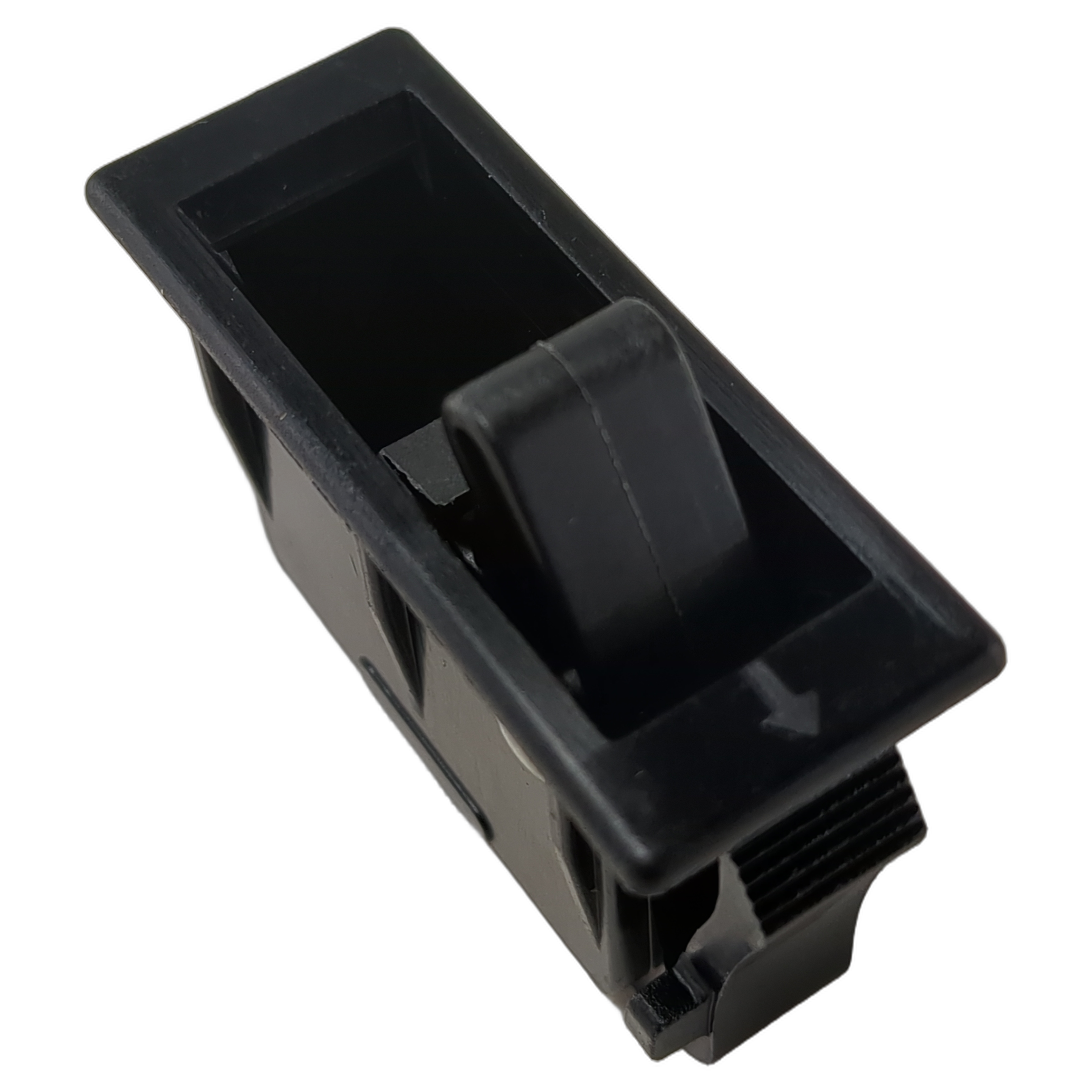 Black rectangular plastic dash box latch with a flip-up release tab and an arrow indicator.