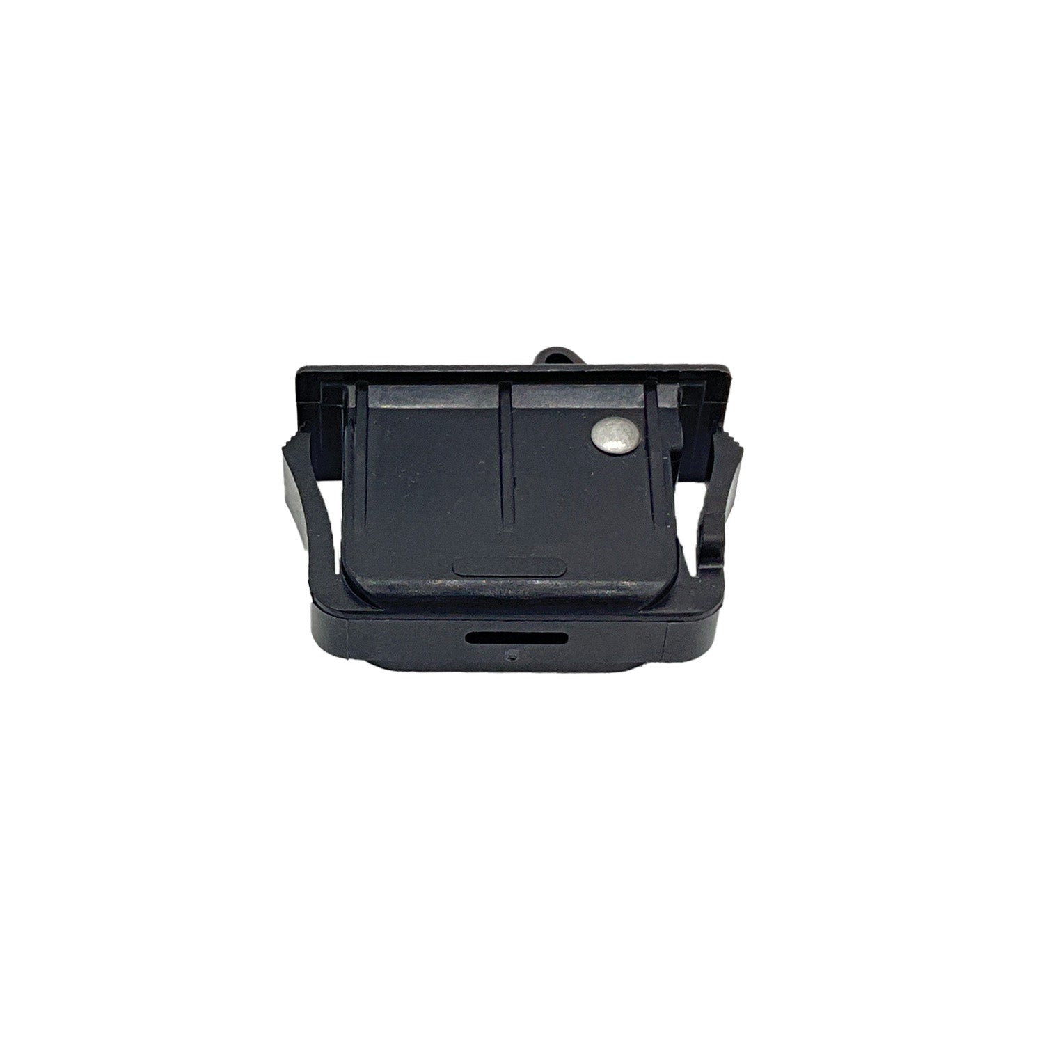 Black rectangular plastic dash box latch with a rounded top edge and a small circular metal detail.