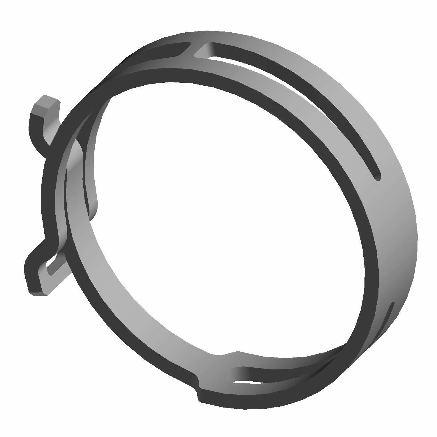 Gray metal clamp with a circular band and a tightening mechanism on one side.