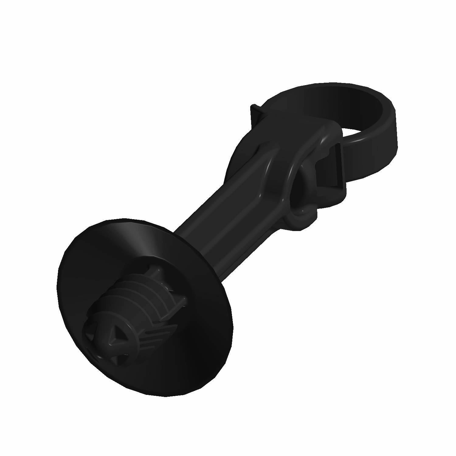 Black plastic tie cable stand off with round base and cylindrical clip clamp.