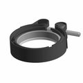 Black metal clamp V-band with integrated bolt and silver inner ring, designed for secure pipe connections.