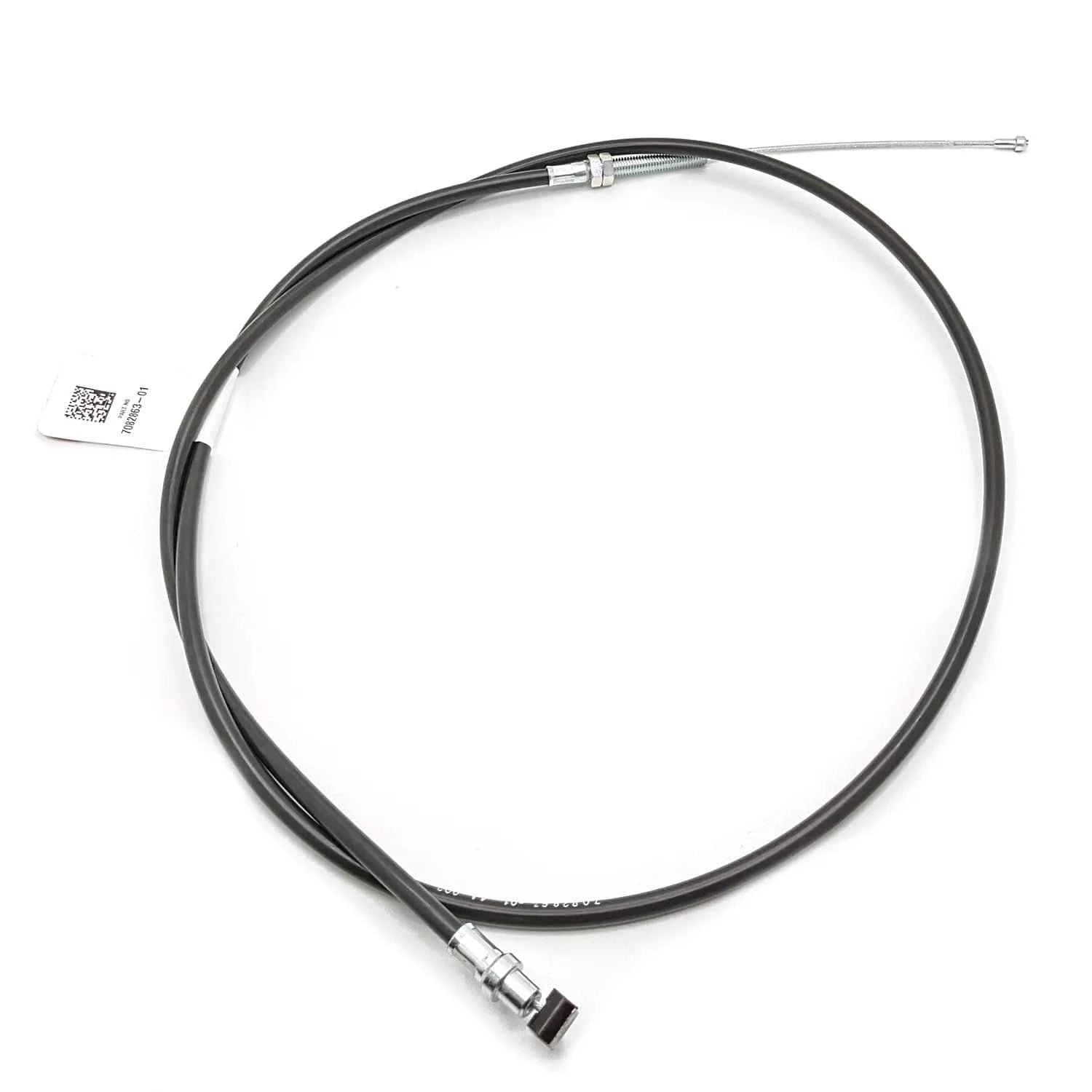 The Clutch Cable Indian by Polaris is a black cable with metal connectors—one rectangular, one looped—coiled with a white tag; ideal OEM part for Indian Challenger models.