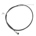 The Clutch Cable Indian by Polaris is a black cable with metal connectors—one rectangular, one looped—coiled with a white tag; ideal OEM part for Indian Challenger models.