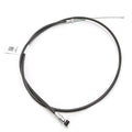 The OEM Indian Scout Clutch Cable (Replaced by 7082203) by Polaris is a black genuine cable with metal connectors—one cylindrical, one looped—coiled on a white background and featuring a white label.