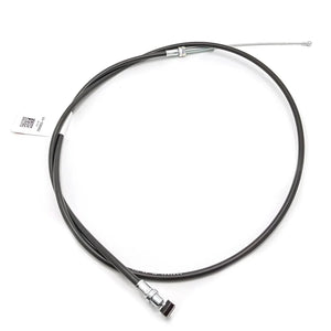The Clutch Cable Indian by Polaris is a black cable with metal connectors—one rectangular, one looped—coiled with a white tag; ideal OEM part for Indian Challenger models.
