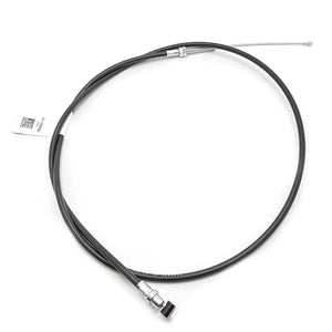 A black OEM Indian Scout Clutch Cable 8mm & 17mm Adjustable by Polaris, featuring metal connectors and a small tag, is coiled into a loose circle and isolated on a white background.