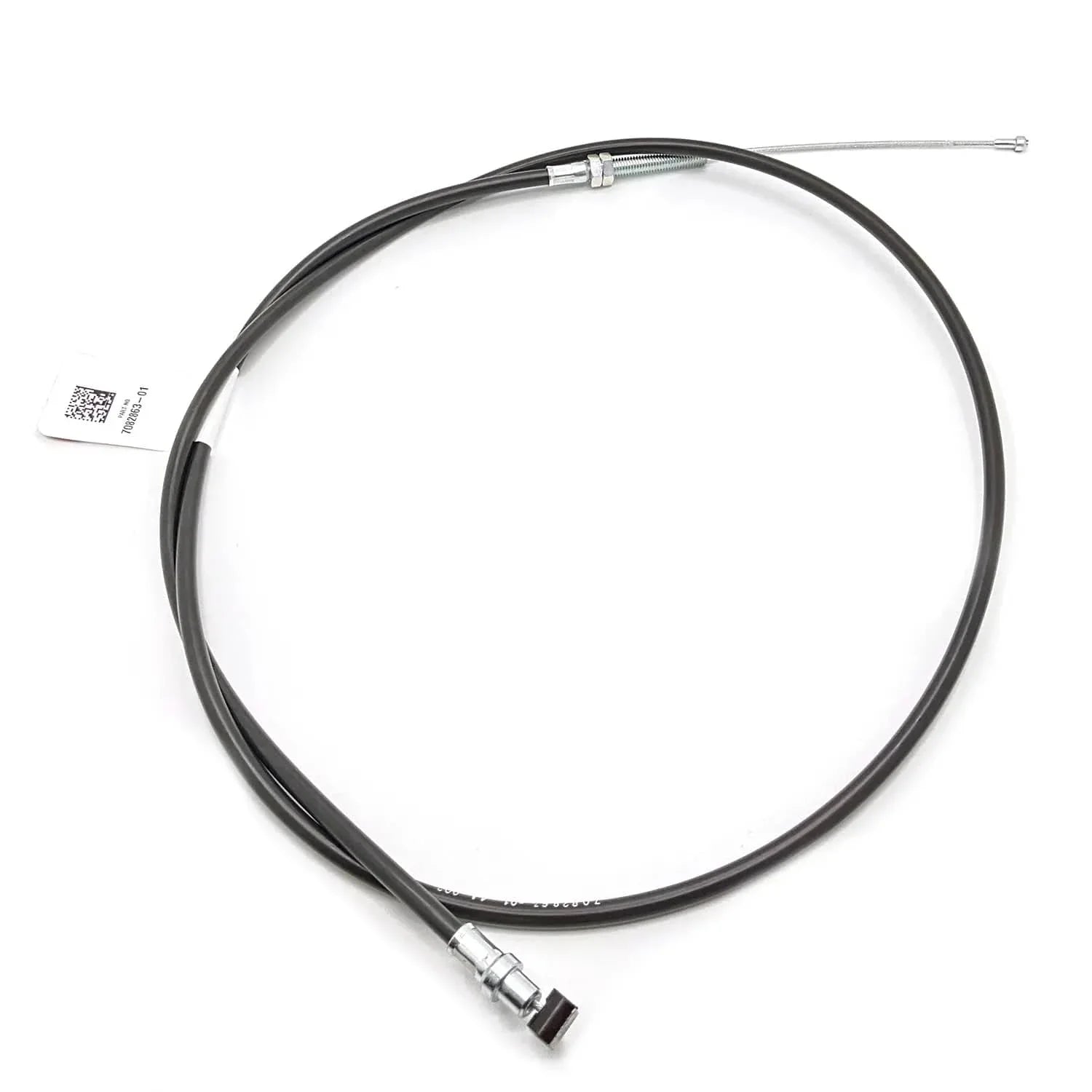 A black OEM Indian Scout Clutch Cable 17mm Adj by Polaris, featuring metal connectors (threaded and looped) on both ends, coiled with a white tag—ideal as a replacement clutch cable for Indian Scout motorcycles.