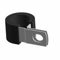 Black rubber P-clip with silver metal mounting tab and oval hole for fastening.