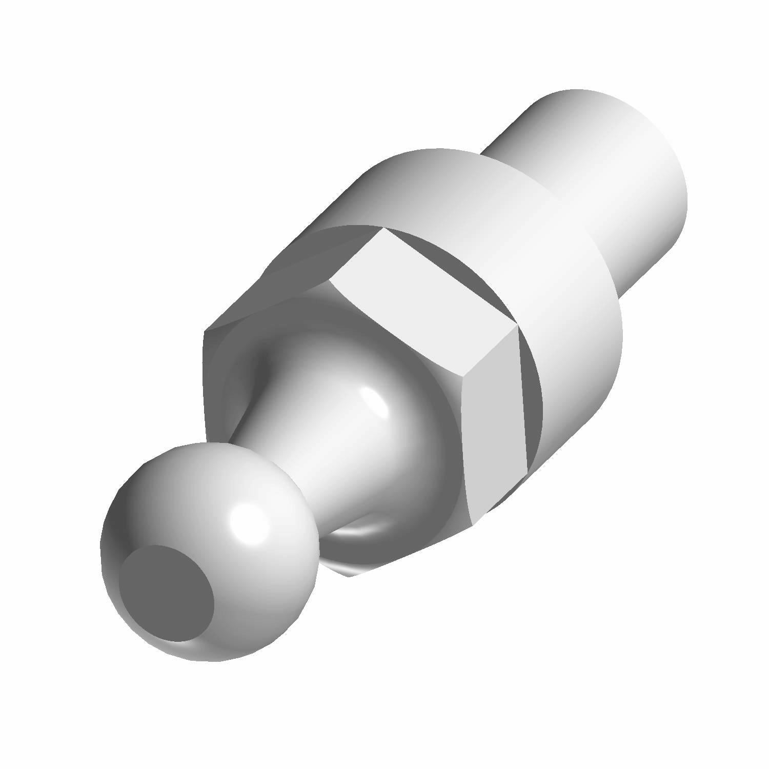 Silver metal ball end with threaded base and hexagonal middle section, polished finish.