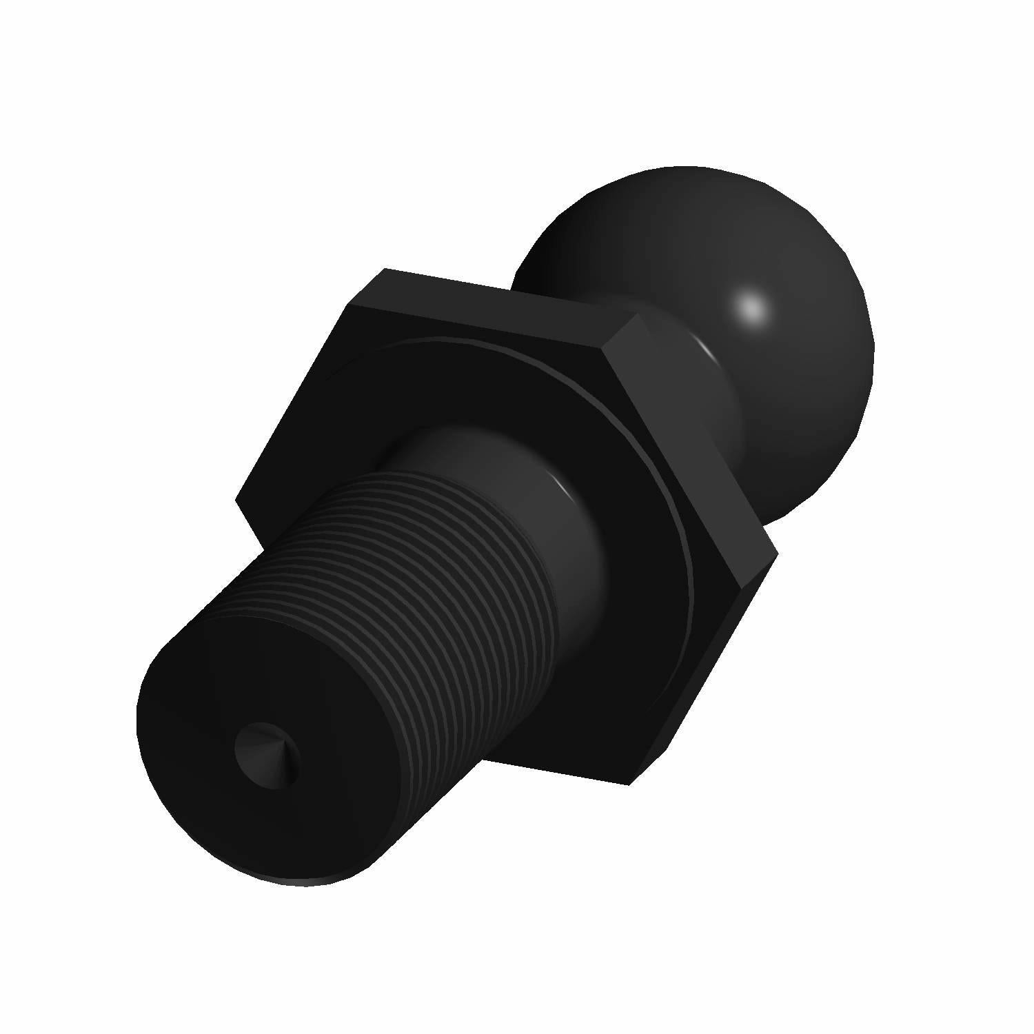 Black threaded metal ball end with hexagonal base and smooth spherical top.