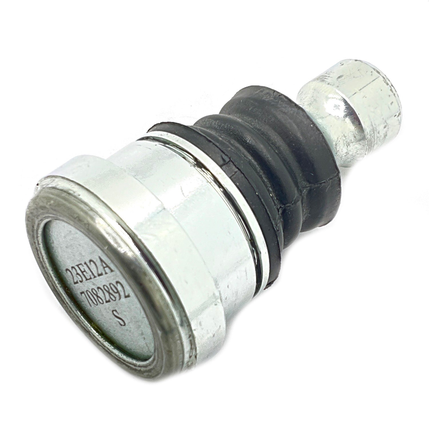Silver metal ball joint with a black flexible rubber boot and hexagonal bolt end.