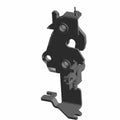 Black metal latch mechanism with multiple mounting points and angular design.