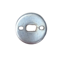 Round silver metal washer with one central rectangular hole and two smaller oval holes on each side.