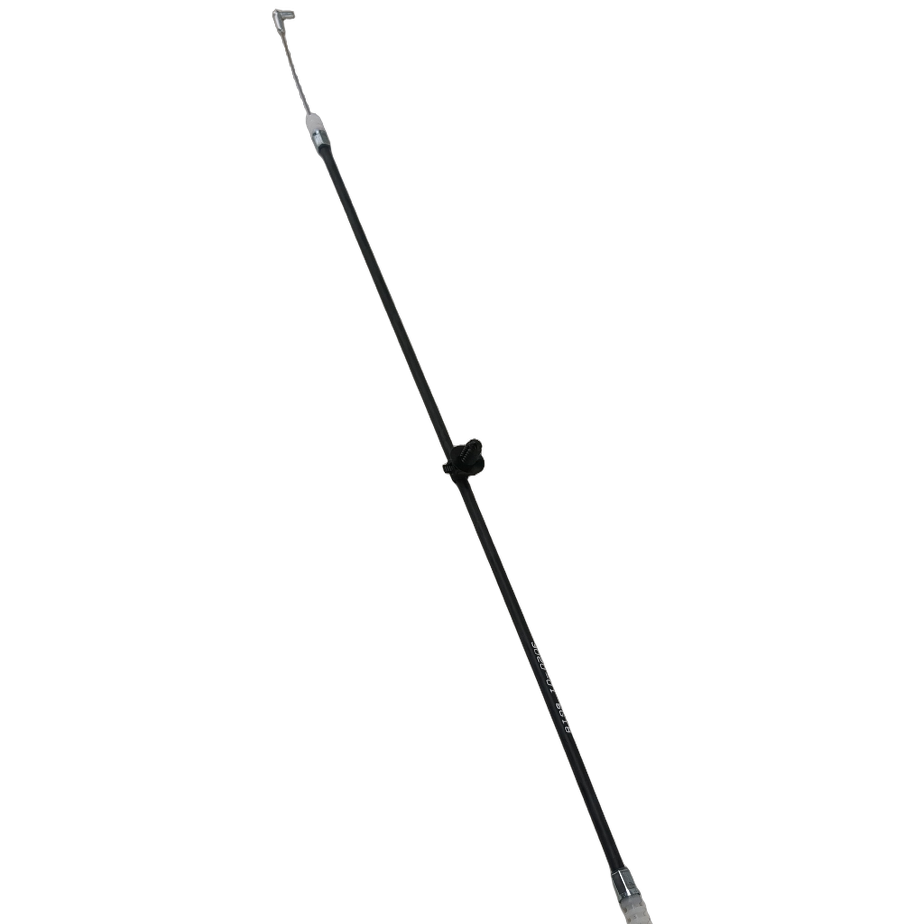 Black metal tailgate latch cable with silver metal connectors at both ends and a small mounting bracket in the middle.
