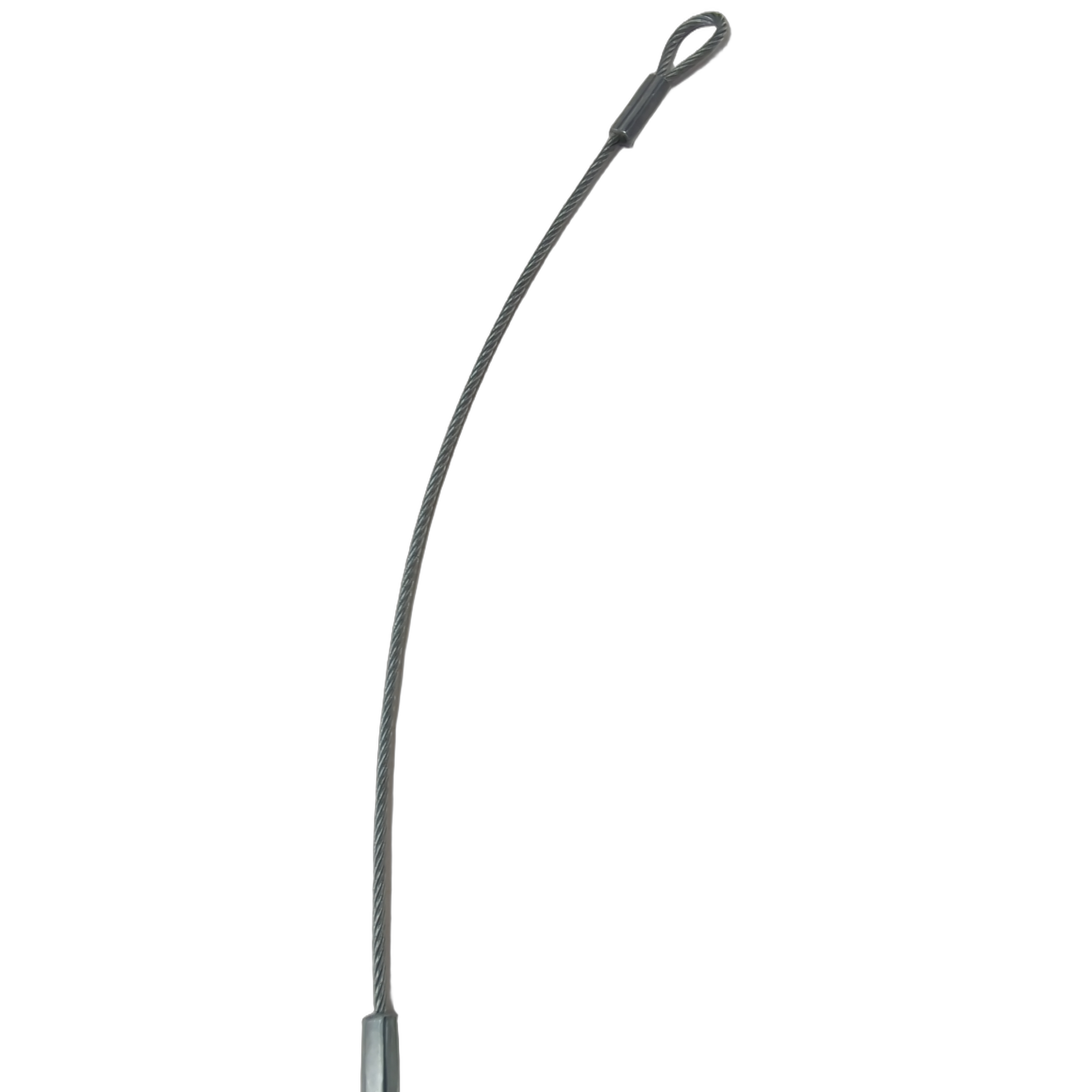 Black braided steel tailgate cable with looped eyelet ends for offroad utility vehicle use.