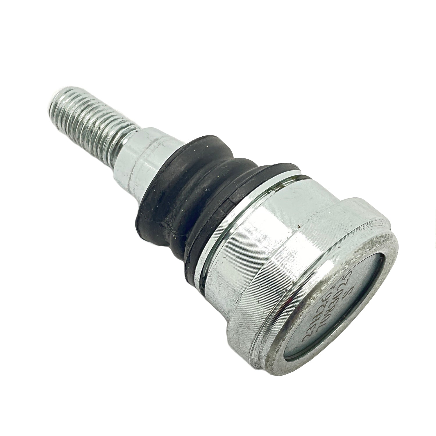 Silver metal ball joint with threaded stud and black rubber seal ring.