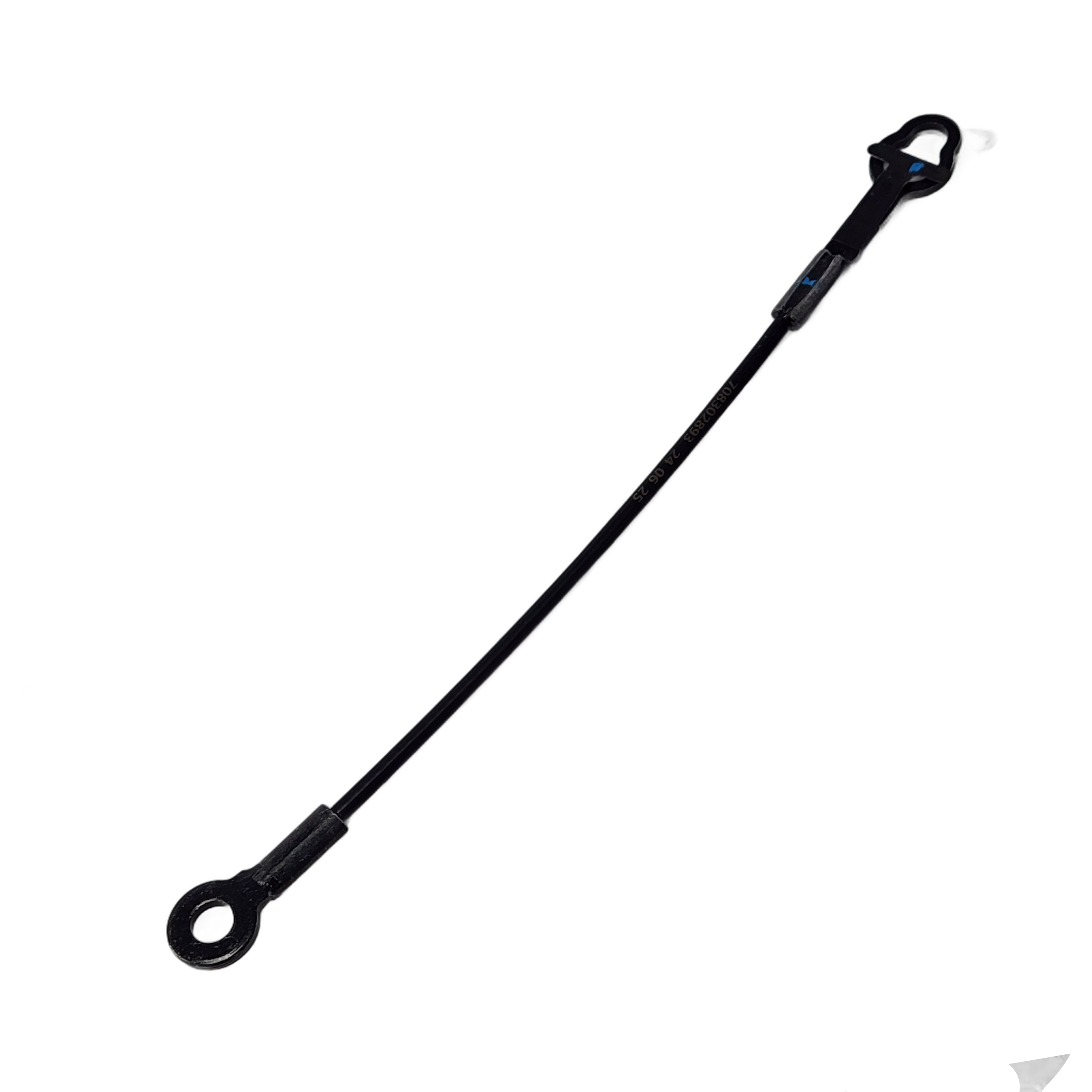 The Cable Retaining by Can-Am is a black cable featuring a looped metal eyelet on one end and a metal clip on the other, shown on a white background. It's ideal as a replacement for select OEM Can-Am UTV parts.